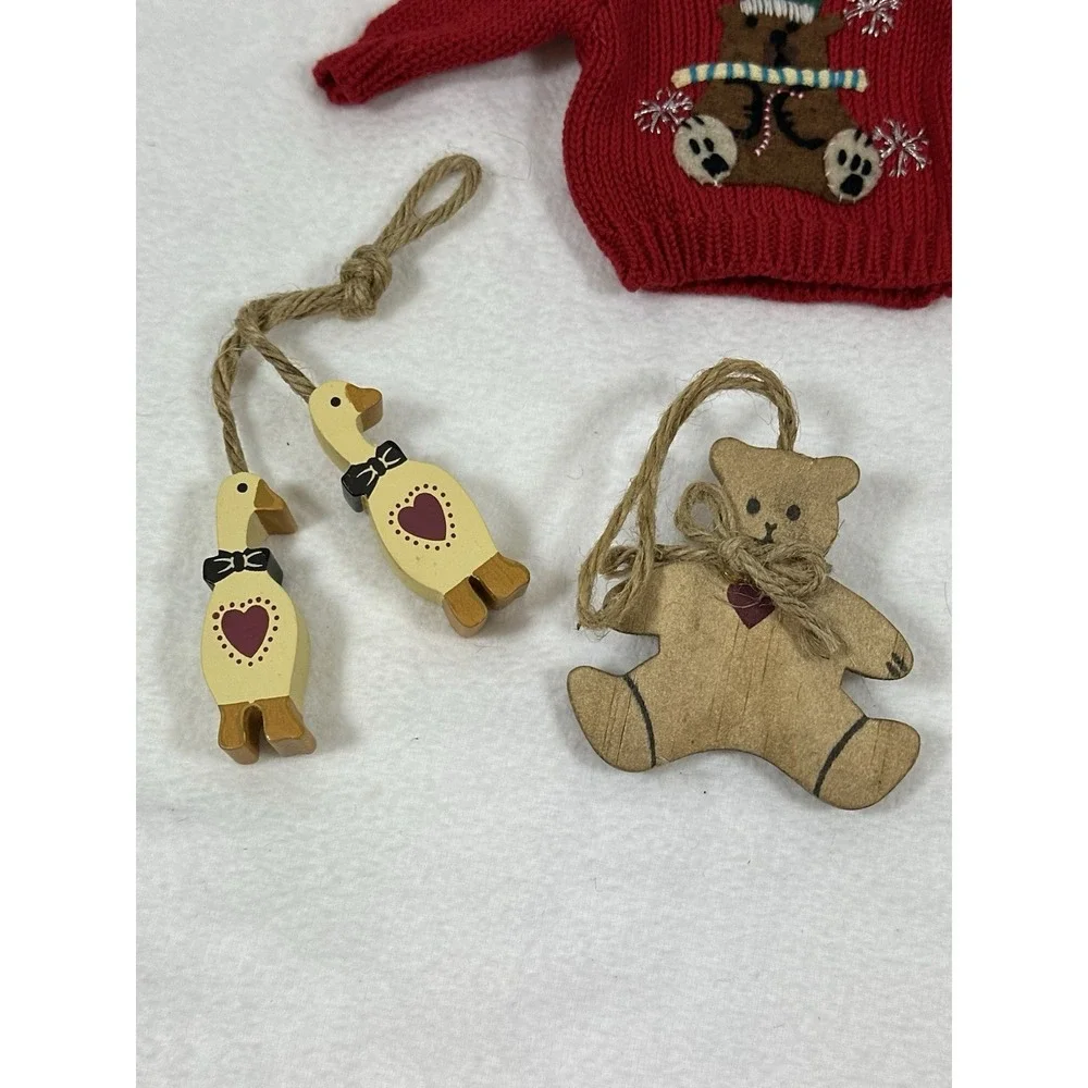 Wooden Christmas Ornaments Teddy Bear Heart German Gingerbread Lot Of 6 Country